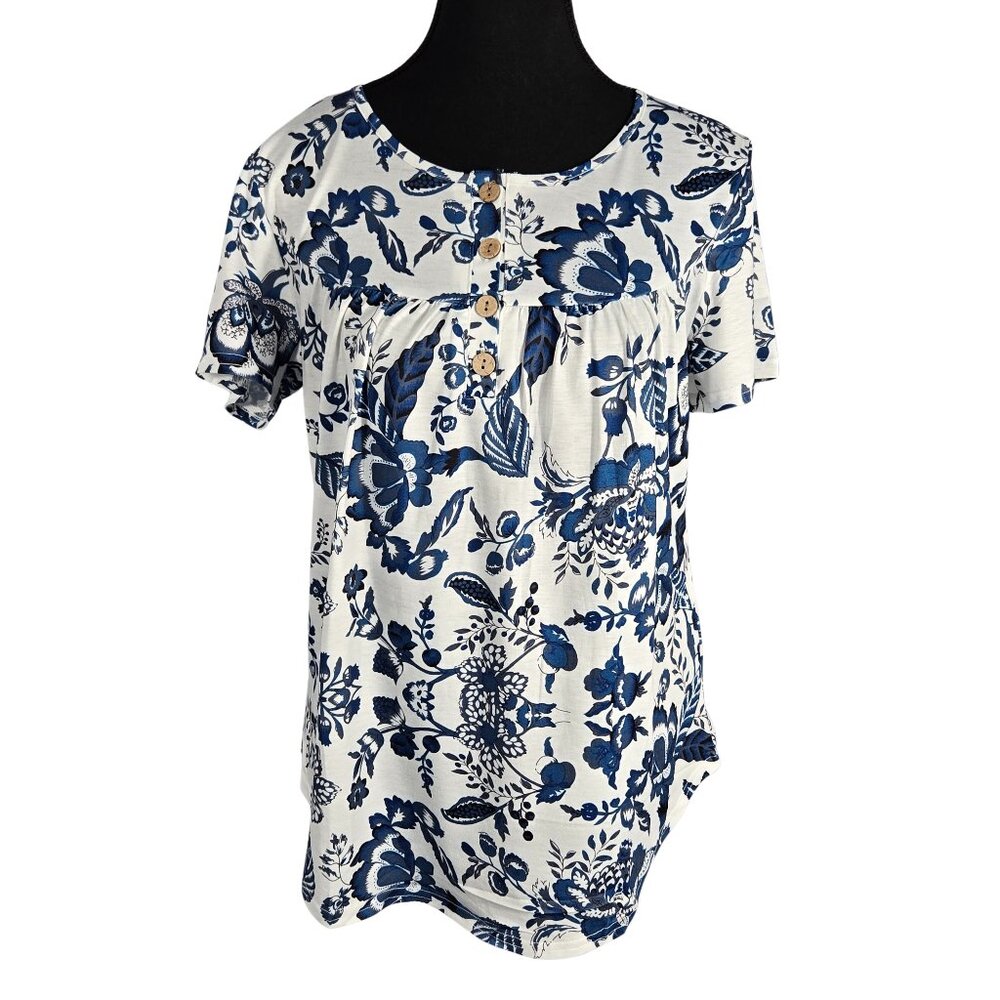 NWT | WIHOLL Blue & White Floral Button-Front Top | Coastal Cowgirl | S